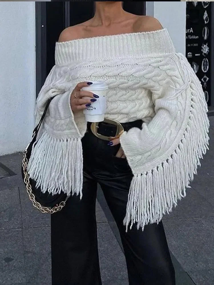 Tassels Solid Women Sweater Off Shoulder Knitted Female Pullover 2024 Autumn Elegant Casual Loose Long Sleeves Lady Sweaters