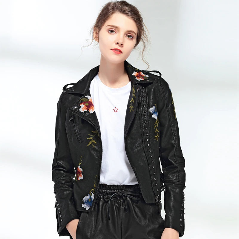 Womens leather clearance jacket with embroidery