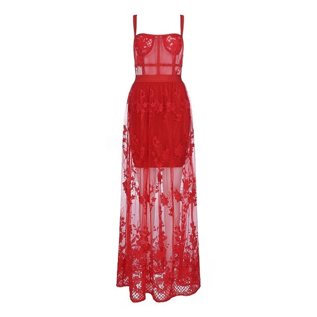 Celebrity High Quality Red Lace Sleeveless Hollow Out Long Rayon Banda ...